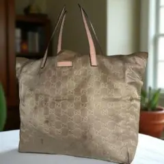 良品　GUCCI　グッチ GG柄 ナイロン レザー トートバッグ ピンク 大容量