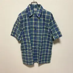 美品✨半袖チェックシャツ　薄手　肩パッド付き　大きめサイズ　カジュアル　夏