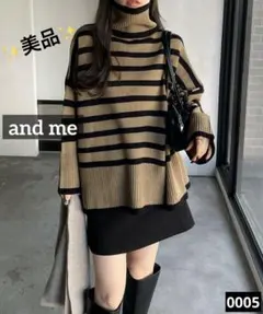0005 美品　and me タートルネック 長袖 ボーダー ニット トップス