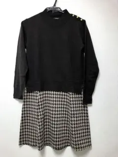 ボタン付きウエスト切り替え千鳥格子ワンピース　茶系