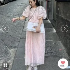 ANDRESD バブルスリーブジャガードドレス ピンク