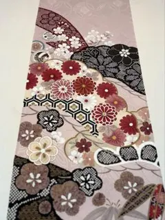 京友禅　はぎれ〈6064〉桜に菊　灰桜地模様　着物Kyo yuzen