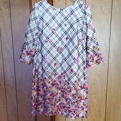 花柄チェック七分袖ワンピース