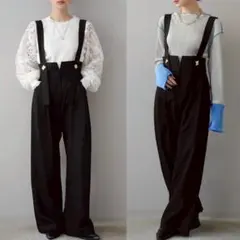 サロペット ゴールドボタン ブラック 金フレアパンツ ワイド　リュミエ同型