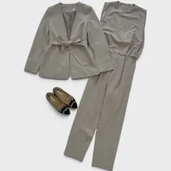 【Flolia】ノーカラージャケット＆オールインワンパンツドレス M ベージュ