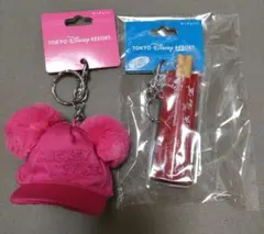 新品未使用　ディズニー　ミッキー　ピンク帽子 チュロス　キーチェーン　セット