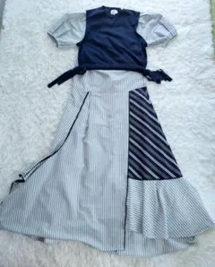 LANVIN en Blue ドッキング ワンピース ストライプ パフスリーブ