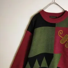 【個性派】ニット　昭和レトロ　幾何学模様　刺繍　ワインレッド　古着