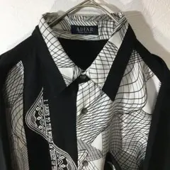 【個性派古着】長袖総柄デザインシャツ　幾何学模様　豪華刺繍入　モダン柄　黒　白M