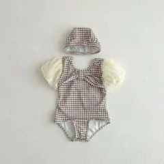 ベビー　水着　90 チェック柄　フリル　帽子付き　可愛い　海　プール　新品