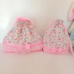 【ストロベリーアイボリーピンク×レース　お弁当袋+コップ袋　２点セット】