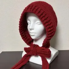 バラクラバ ボンネット マフラー付き ハンドメイド ワインレッド