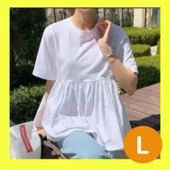 L ペプラム Tシャツ 白 体型カバー 夏 半袖 ゆったり可愛い 大人カジュアル