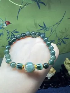 新作❣️ミャンマー産天然本翡翠　デザイン入り老油青翡翠濃淡双色ミックスブレスレット