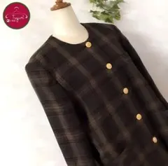 レトロ ジャケット ノーカラー チェック 金ボタン ウール 古着 茶 カーキ