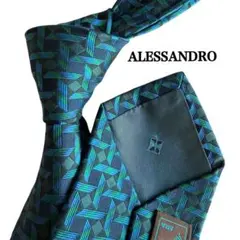 ALLESSANDRO 光沢感　紺　緑系　幾何学模様 シルクネクタイ