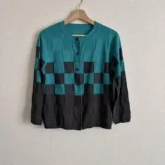 【 24時間以内発送 】ターコイズ ブラック チェック カーディガン