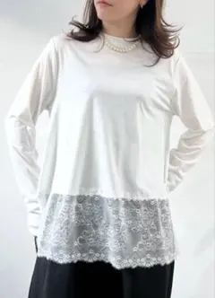 新品　天竺レース付きロンT ホワイト　レース　シャツ　インナー　春　白