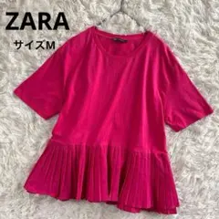 ザラ　ZARA 半袖　シャツ　トップス　プリーツ　ペプラム　ピンク　M
