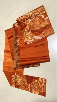 【帯】着物 オレンジ 橙 花唐草柄