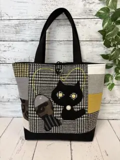 ハンドメイドトートバッグ　No.1034 一点物　パッチワーク風　ネコバッグ