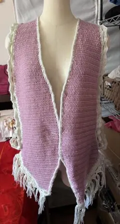 レディース　ノースリーブロングベスト　春物　編物　ハンドメイド　フリーサイズ