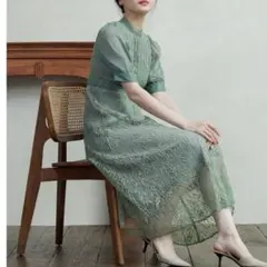 niana ニアナ 総レースピンタックロングパーティードレス ライトカーキ 緑