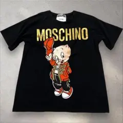 モスキーノ×ルーニーチューンズ 大胆刺繍 ポーキーピッグ Tシャツ ブラック 黒