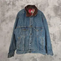 90s デニムジャケット レザー襟 チェック裏地 ジージャン