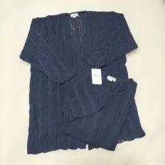 ネイビー 透かし編み アンサンブル　カーディガン 七分袖 半袖セーター Lサイズ