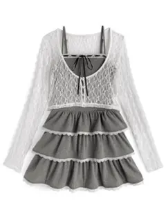 レースカーディガン×レースティアードフリルキャミソールミニワンピースセットアップ