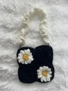 ハンドメイド　編み物　ハンドバッグ　モチーフ編み　黒