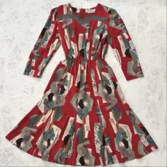 vintage ロングワンピース レトロ 総柄 レッド ヴィンテージ