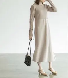 Noble ノーブル カラーブロックニットワンピース バックボタン ハイネック