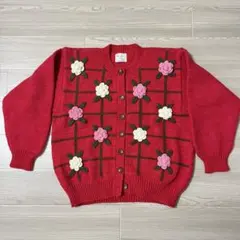 最終値下げ 一点物 手編み フラワー ニット カーディガン 赤 花柄 長袖 古着