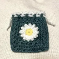 かぎ針編み　巾着袋　お花　モチーフ　緑