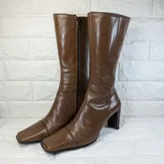 ロングブーツ 23.5cm ブラウン レザー スクエアトゥ サイドジップ