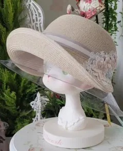 麦わらフラワーボンネット ロリータ 姫系 ハンドメイド 重工 森ガール
