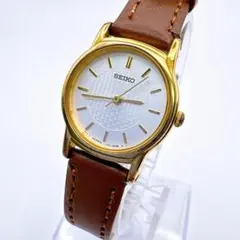 稼働品 SEIKO レディース 腕時計 クオーツ 白文字盤 ゴールド 革ベルト