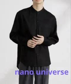 ナノユニバース　バンドカラーシャツ　リネン　ノーカラー　ブラック　M