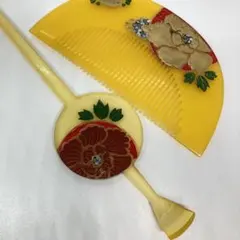 041508 樹脂　漆塗り　螺鈿蒔絵　牡丹　櫛　平打ち　かんざし　簪