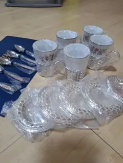 花柄ティーカップ、ソーサー、スプーンセット【昭和レトロ】