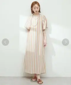 natural coutureストライプ パフスリーブ ロングワンピース