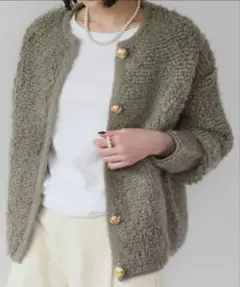 ELFRANK ループ編みニットブルゾン　カーディガン　モカ金ボタン