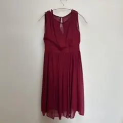 【美品】赤 シフォン ワンピース パーティードレス ノースリーブ 膝丈