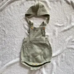 ニット　ロンパース　サロペット　ボンネット付き