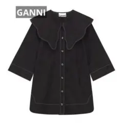 GANNI ガニー コットンポプリン ウェーブカラーシャツ 半袖 ブラック 34のサムネイル