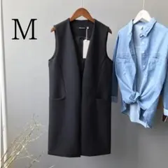 冬 新品 M ベスト ジレ ノーカラー テーラード ロング ブラック レディース