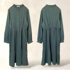 オリーブデオリーブ　長袖ワンピース　F　緑　プリーツ　ロング　Aライン　フレア
