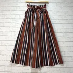 美品 a.v.v ワイドパンツ（L）テラコッタ ストライプ ウエストリボン 裏地